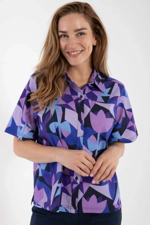 Daneblomme Poplin Stretch SS Shirt Dk Navy GEOFLEUR